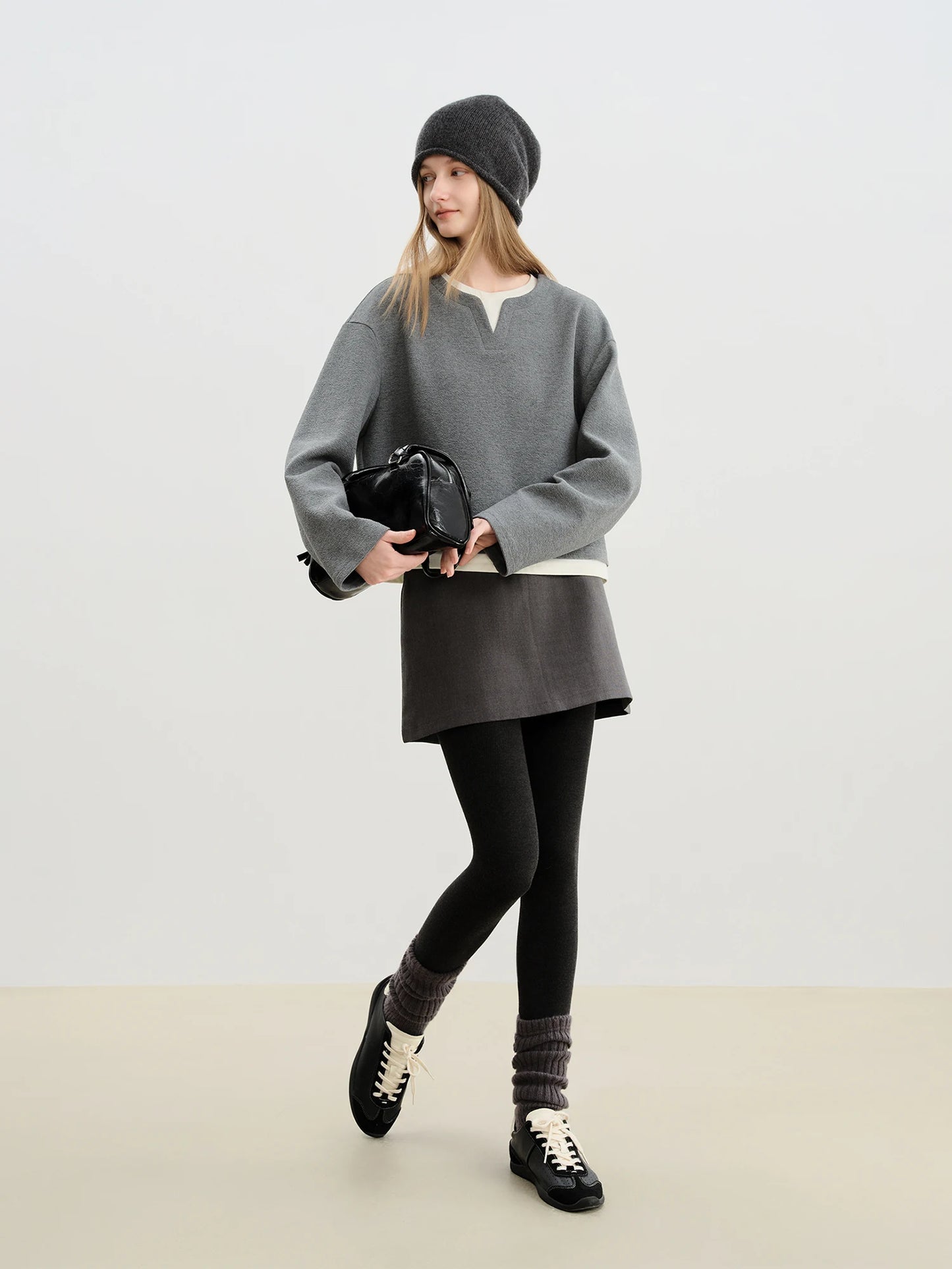 Gray Fleece Notch Neck Sweatshirt