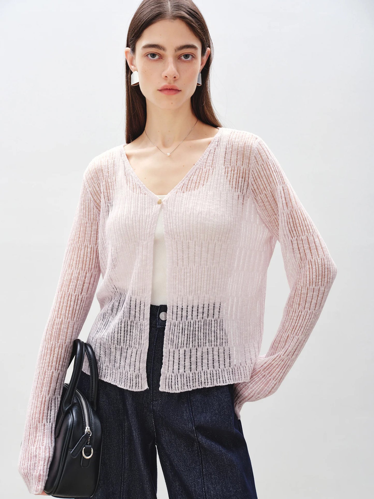 Pink Sheer V-Neck Knit Cardigan