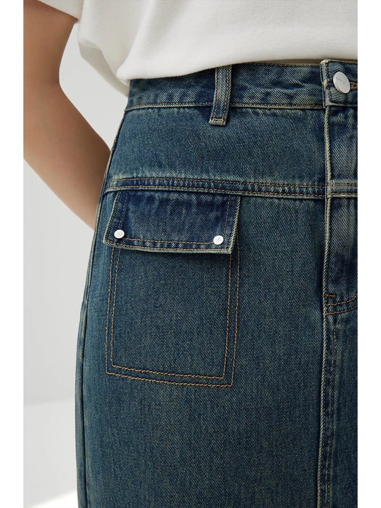 Washed Denim Straight Slit Skirt