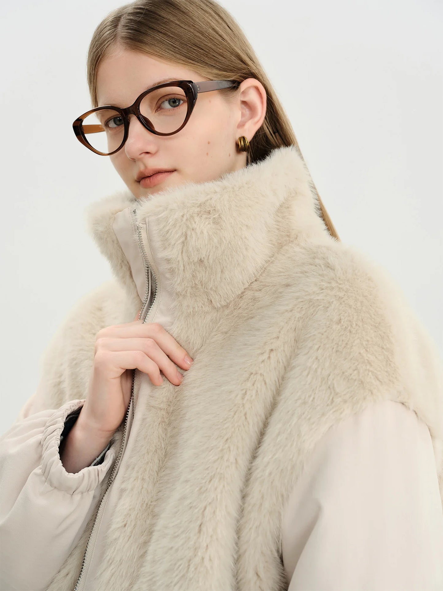 Ivory Fur Collar Bomber Jacket