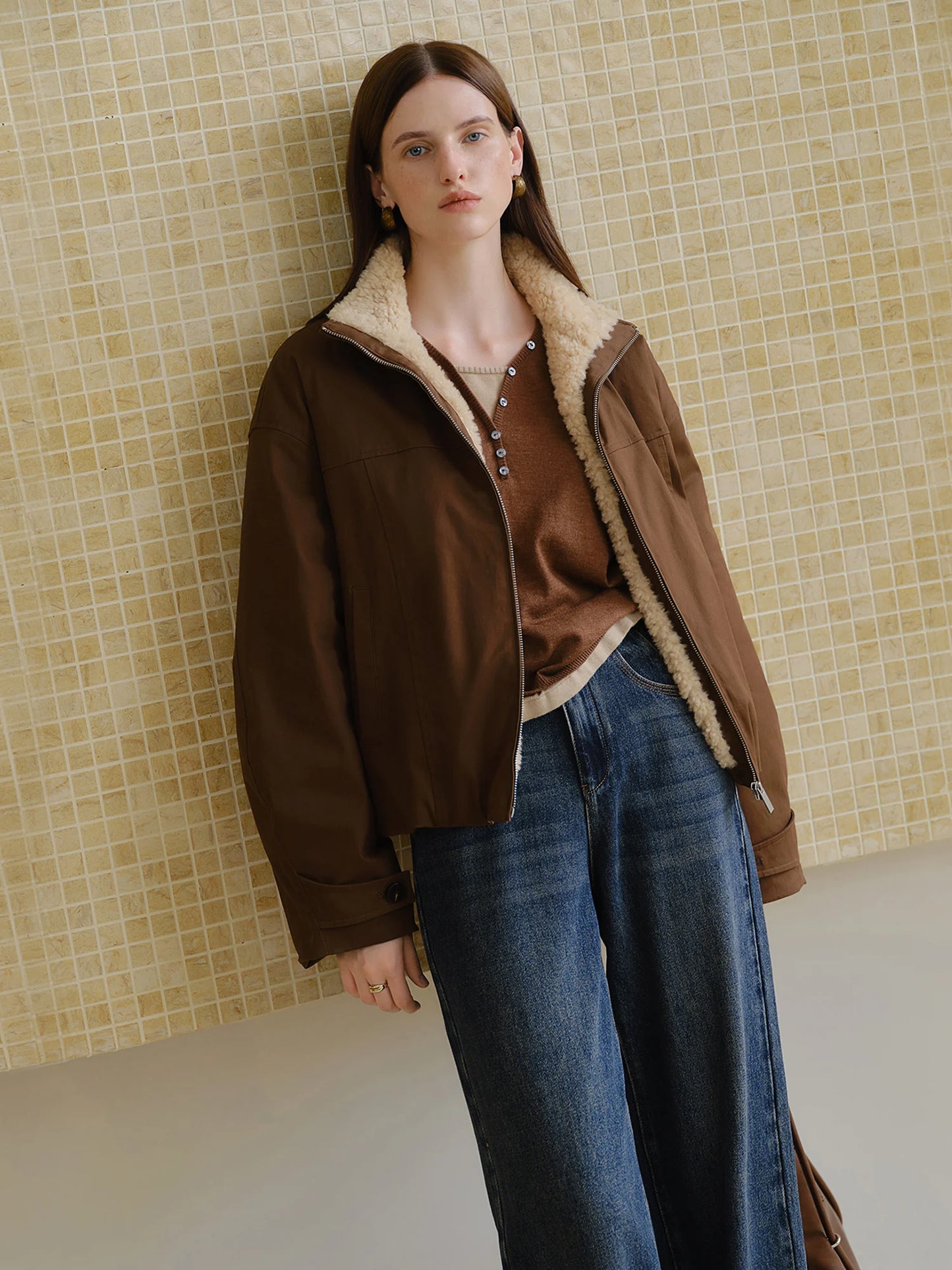 Brown Shearling Collar Zip Jacket