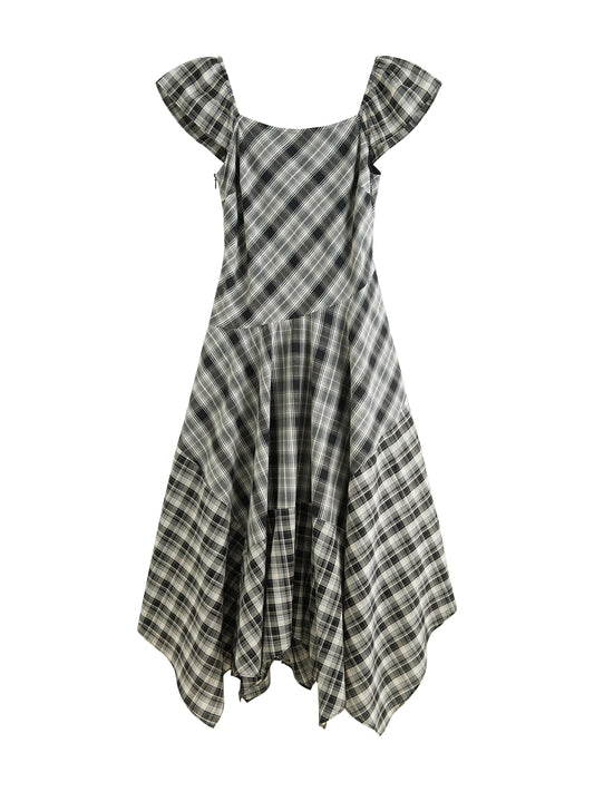 Plaid Asymmetric Midi Dress
