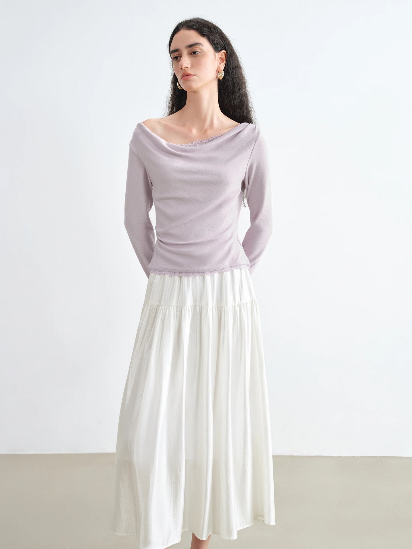 Mauve Lace Trim Cowl Neck Top