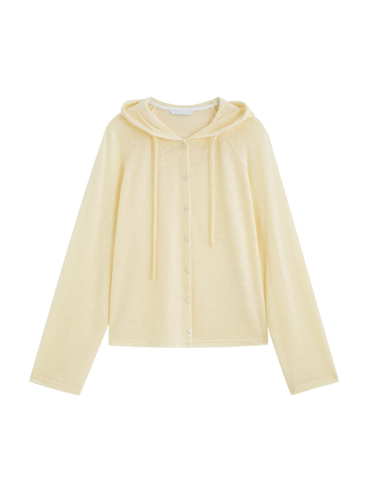 Pale Yellow Hooded Knit Cardigan