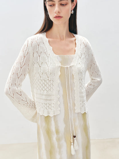 Ivory Pointelle Tie Front Cardigan