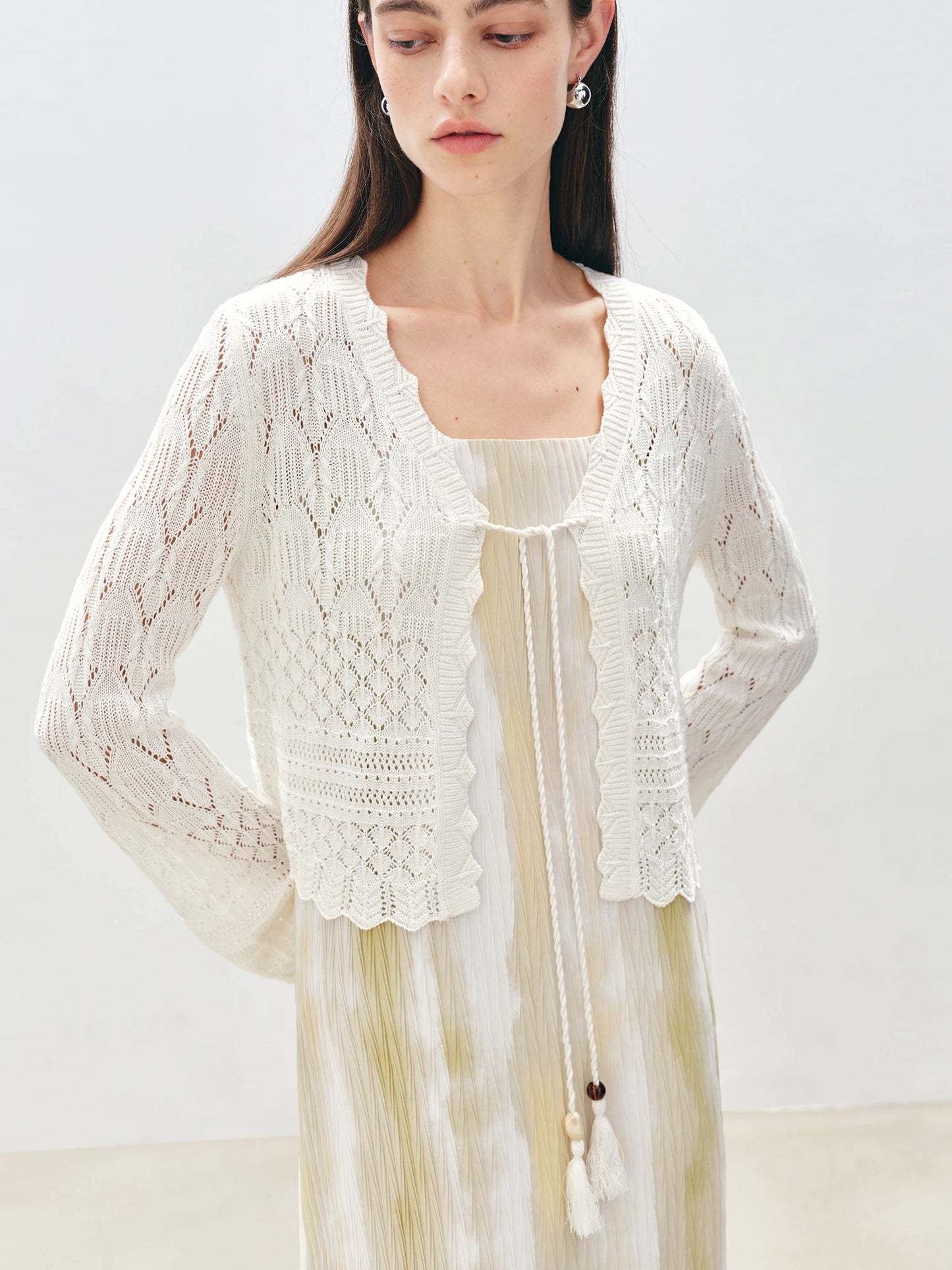 Ivory Pointelle Tie Front Cardigan