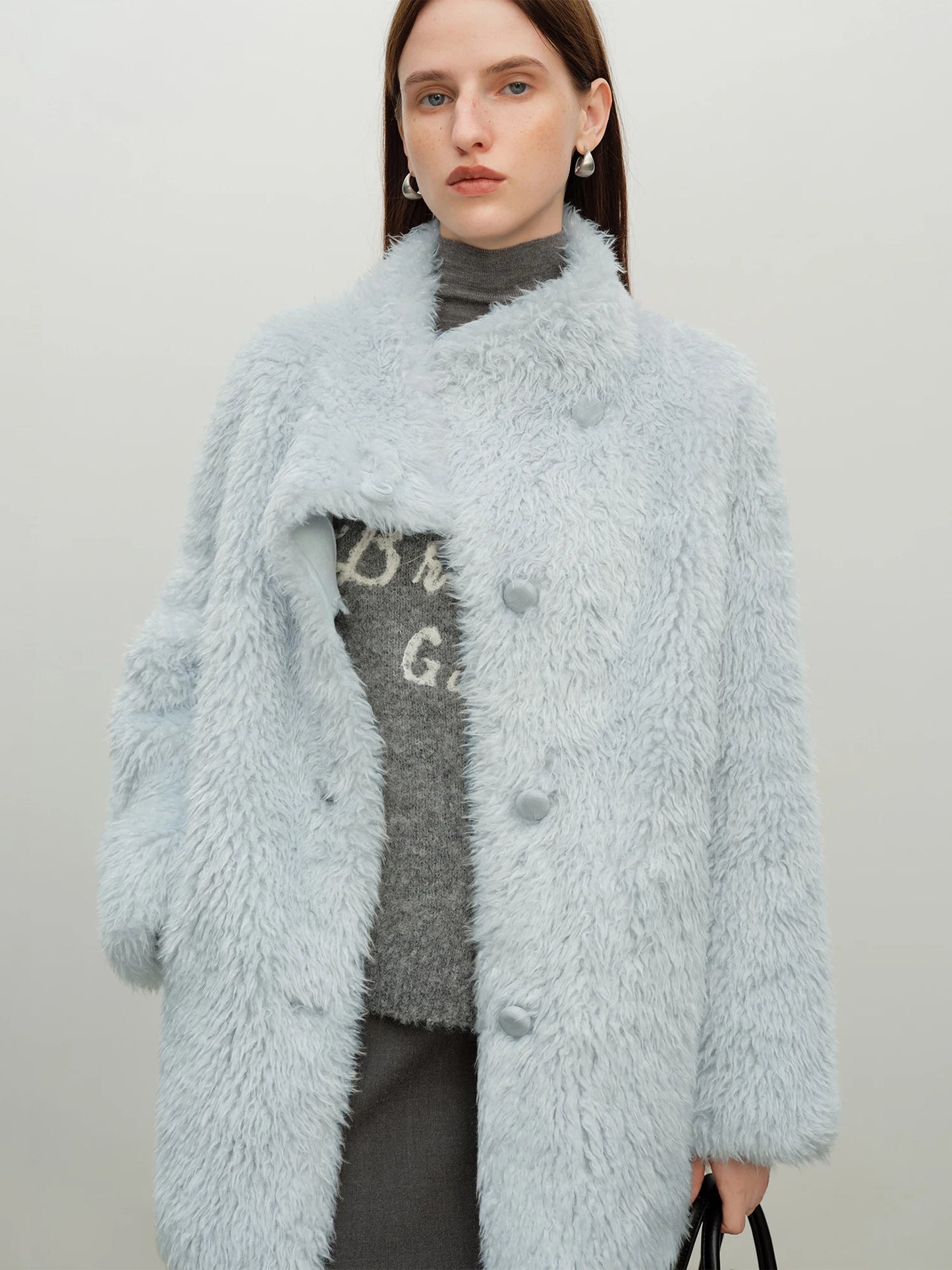 Pale Blue Plush Faux Fur Coat