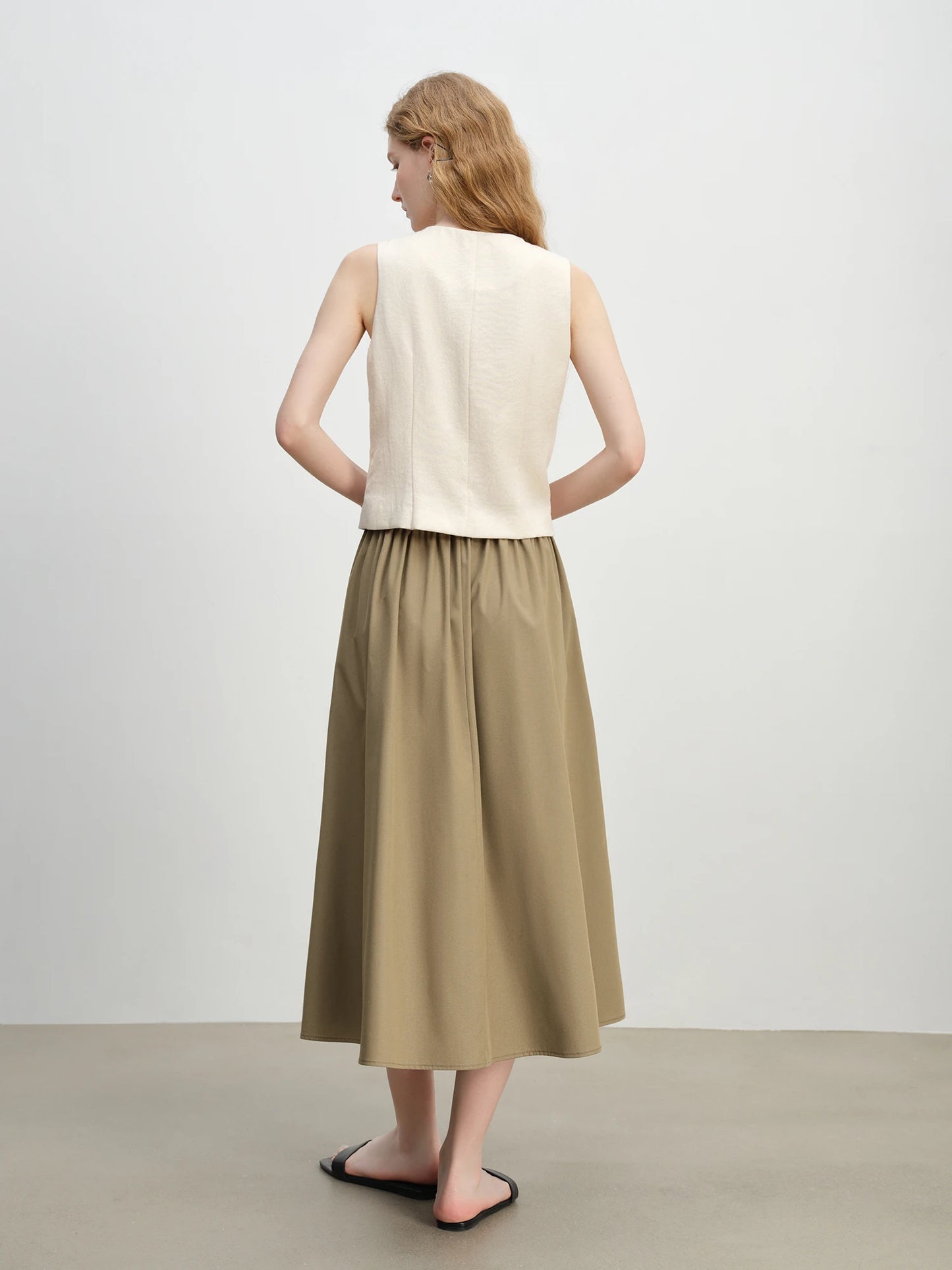 Taupe Drawstring A-Line Midi Skirt