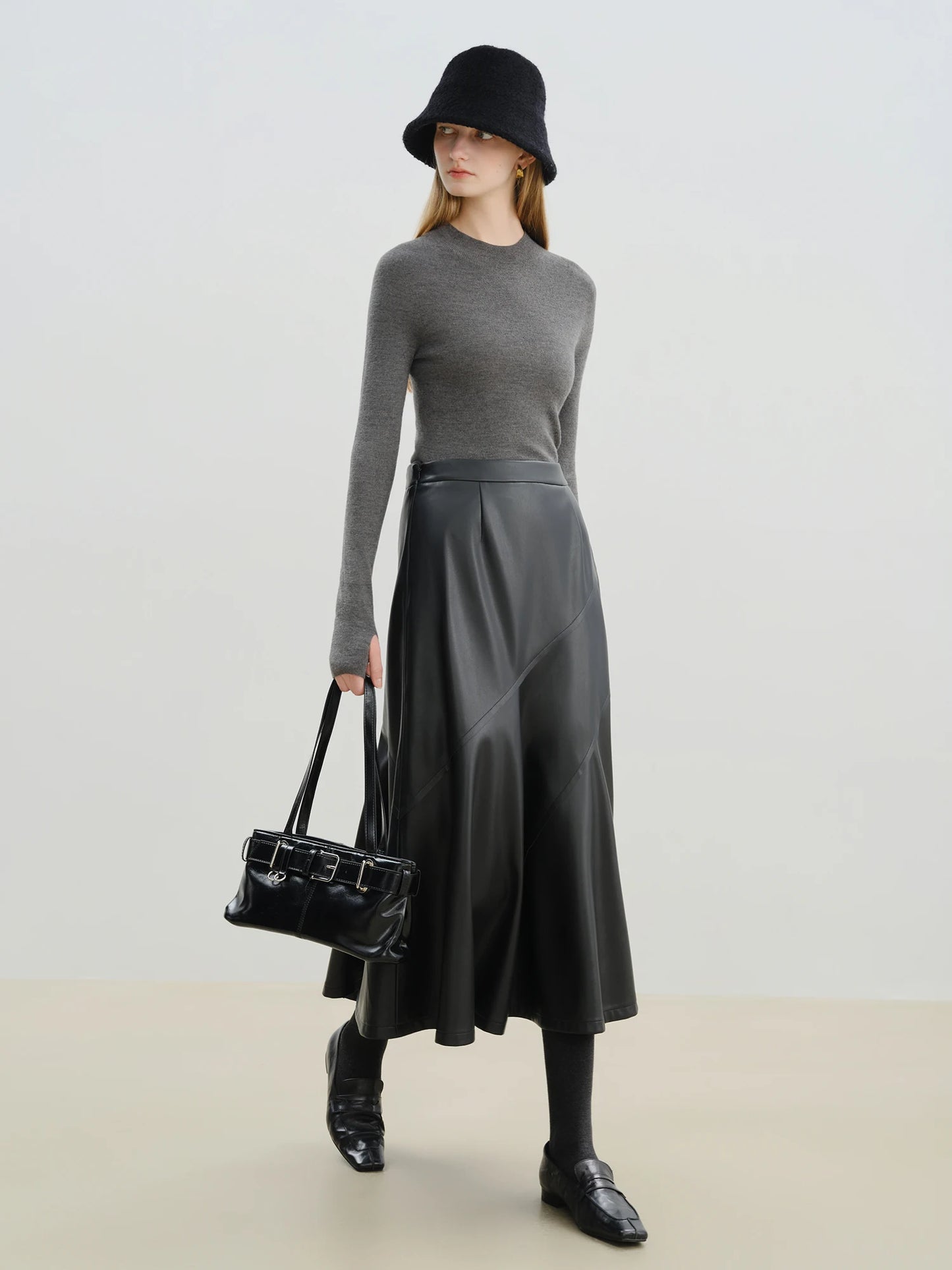 Black Diagonal Faux Leather Skirt