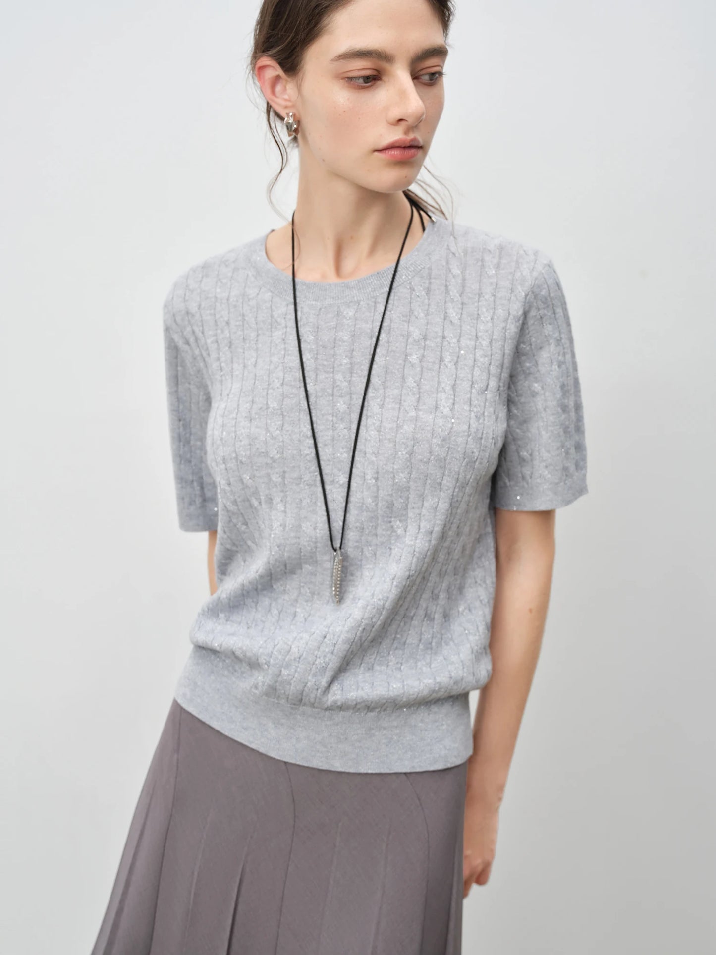 Light Gray Cable Knit Short Sleeve Top