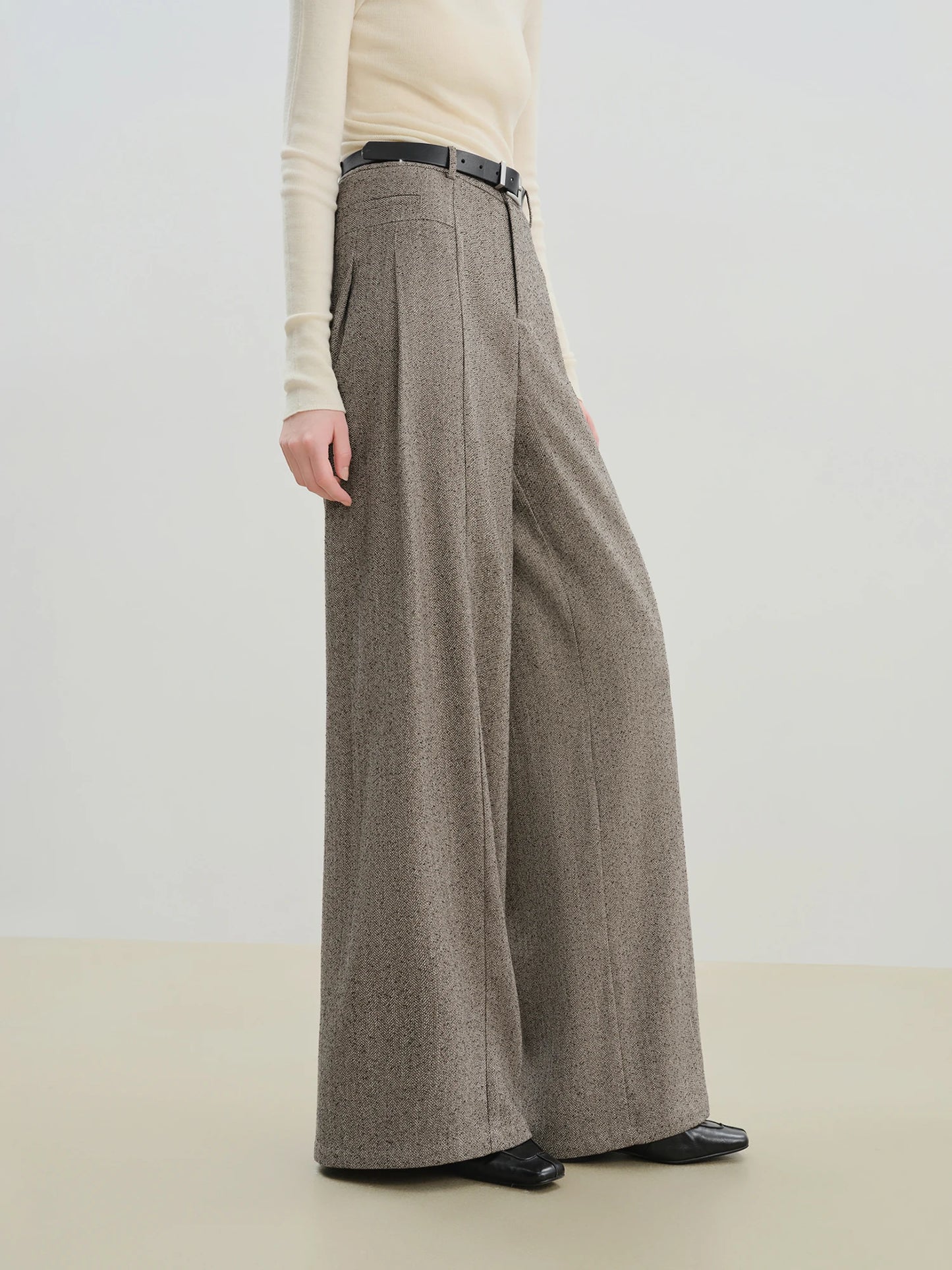 Herringbone Pleated Wide Leg Trousers