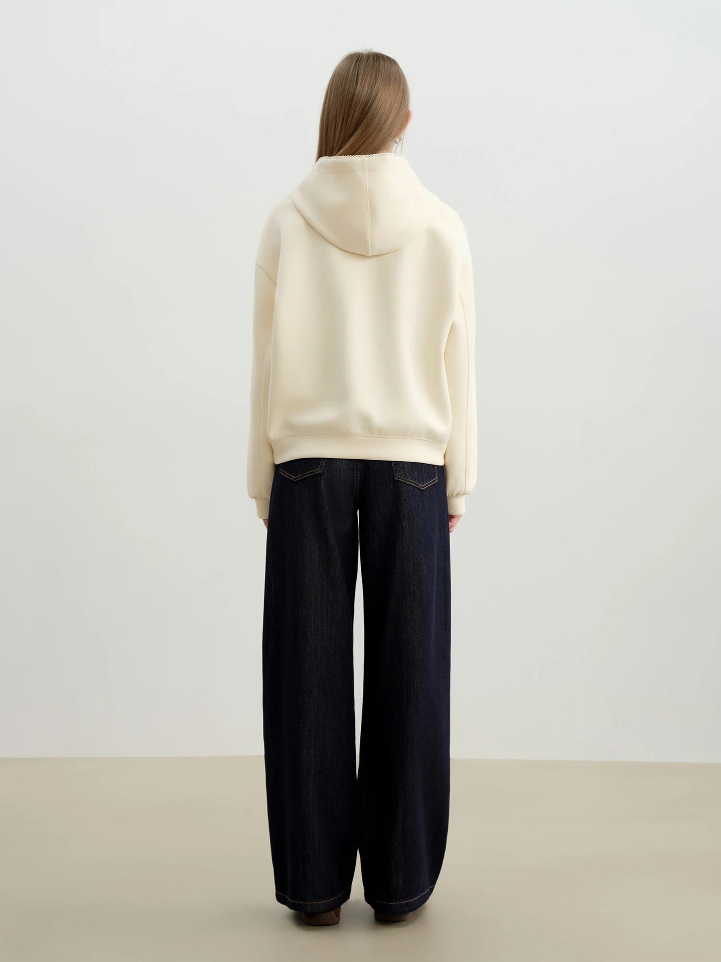 Ivory Lace Trim Drawstring Hoodie