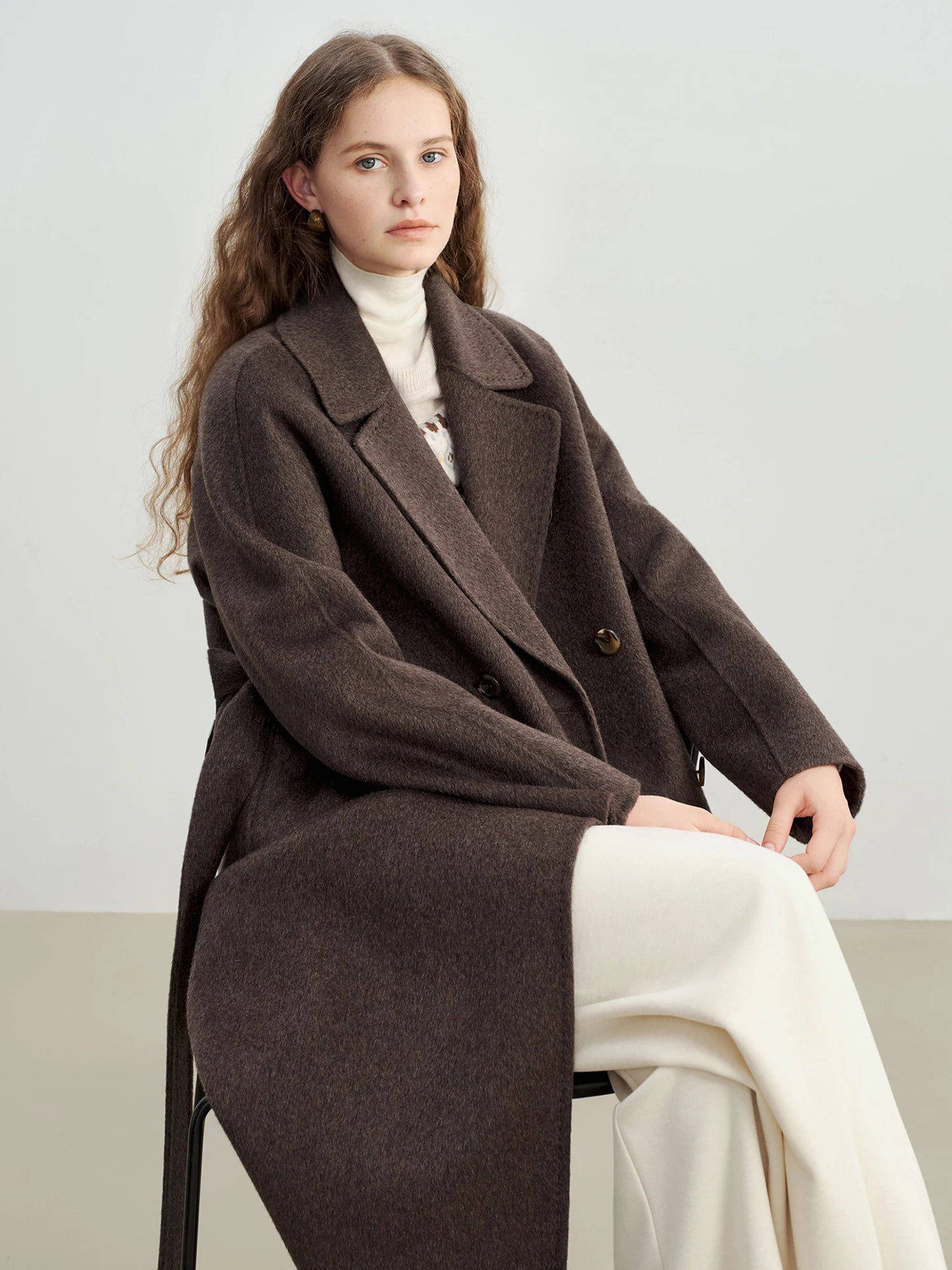 Ivory Belted Lapel Wool Coat