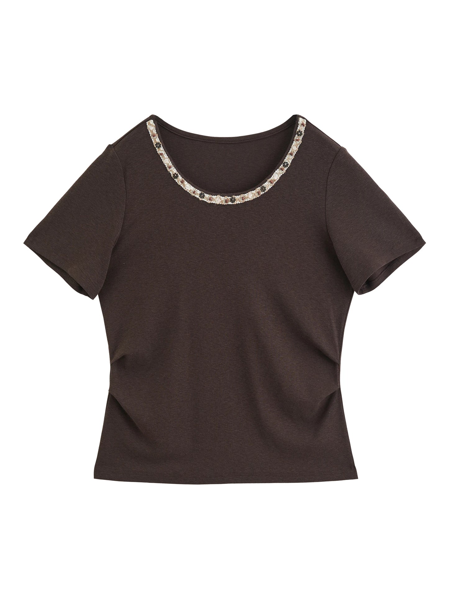 Beige Beaded Neckline Tee