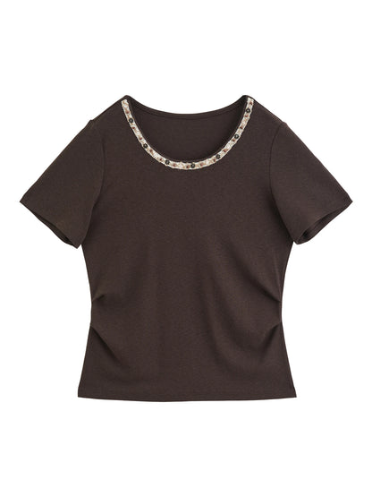 Beige Beaded Neckline Tee