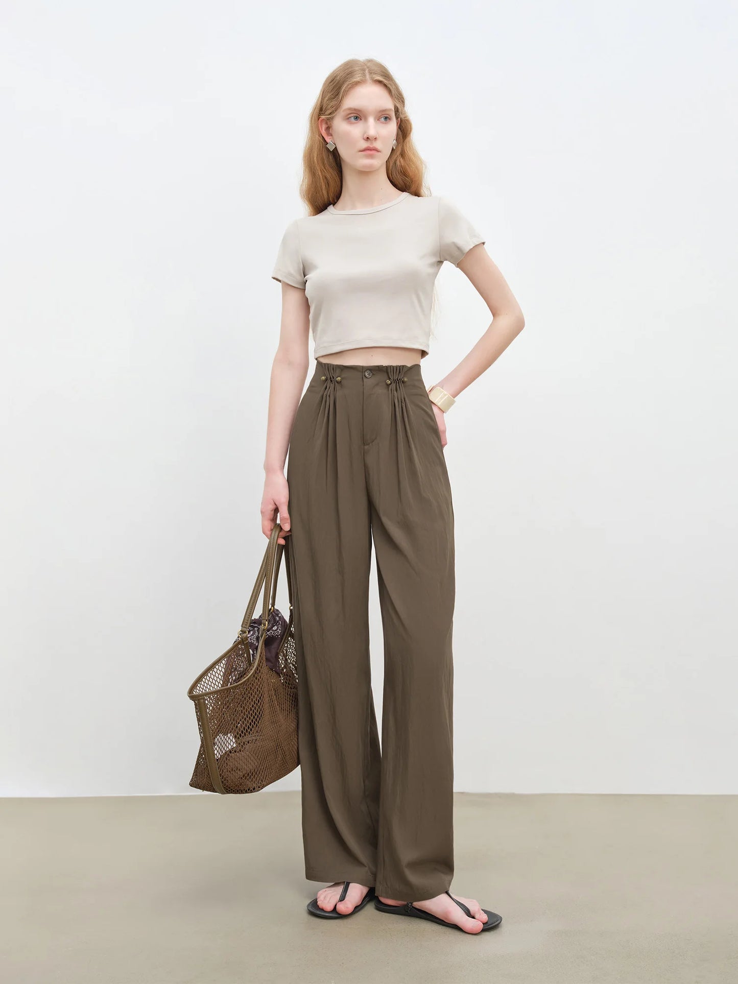 Natural Linen Pleated Wide Pants