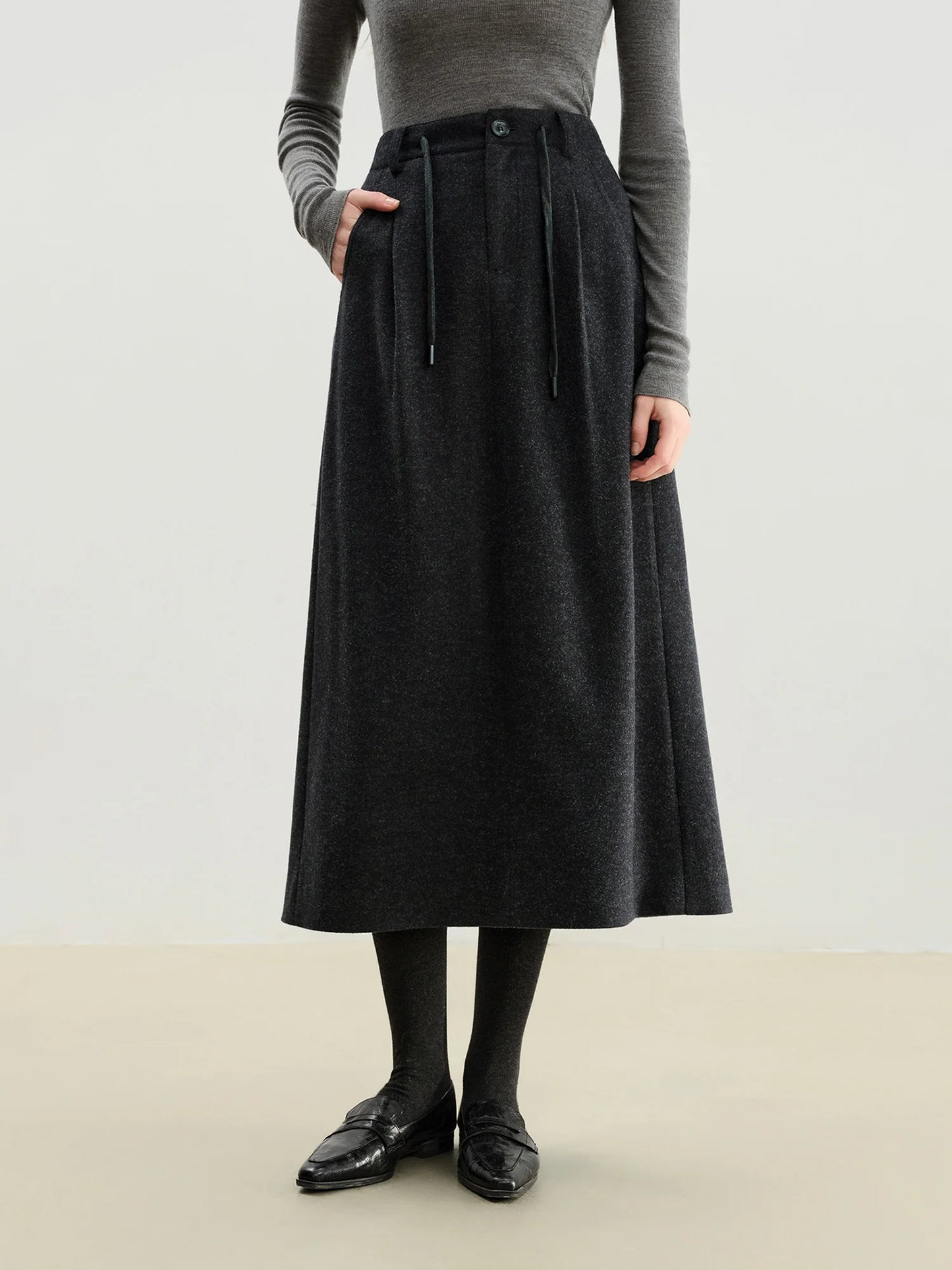 Charcoal Wool Drawstring Midi Skirt