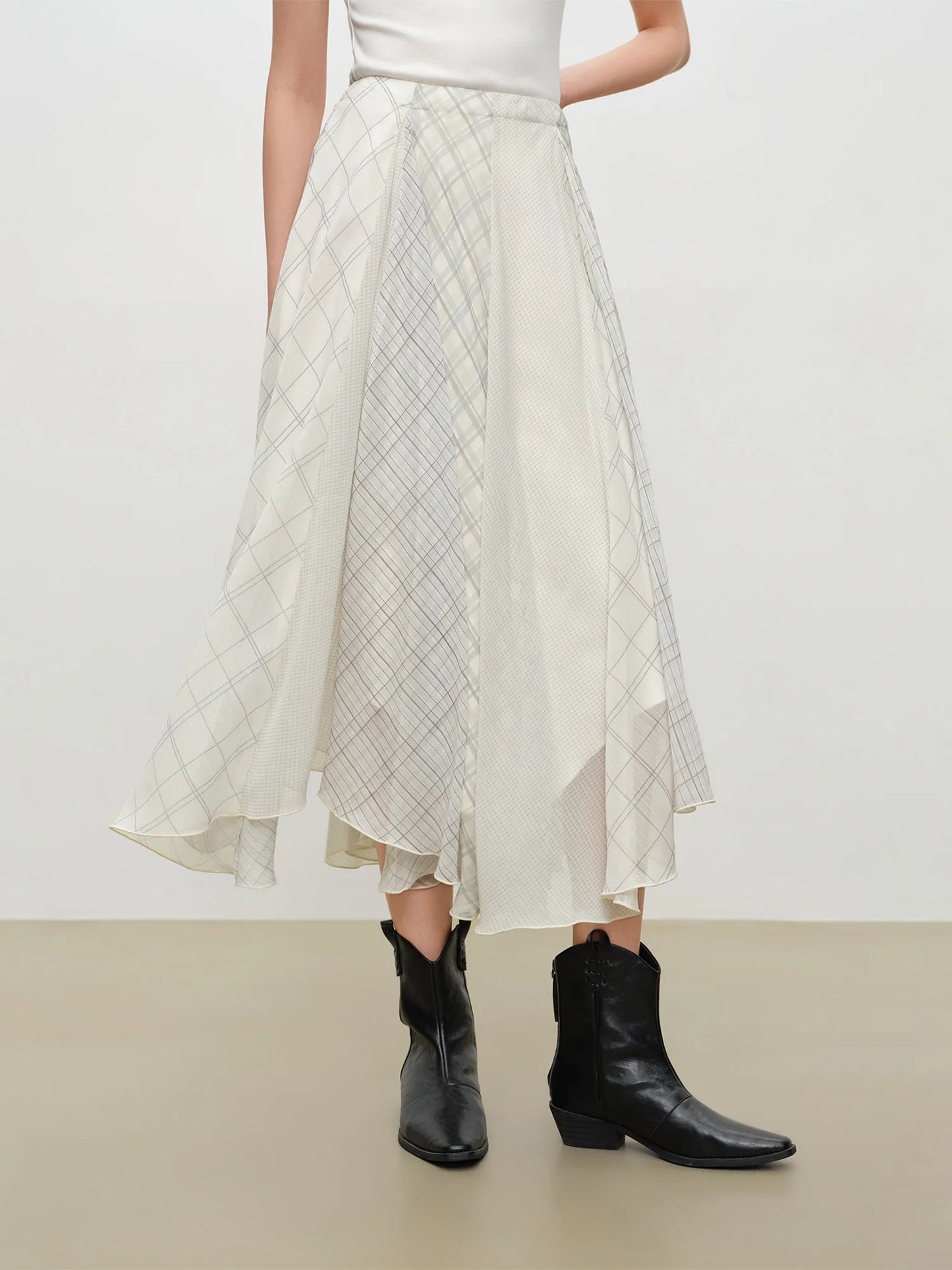 Plaid Chiffon Panel Maxi Skirt