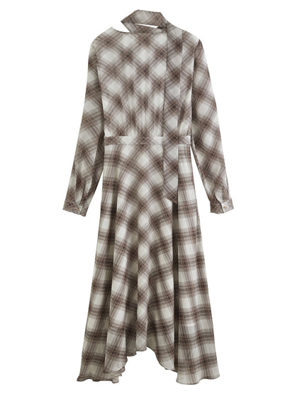 Plaid Ruffle Neck Midi Dress