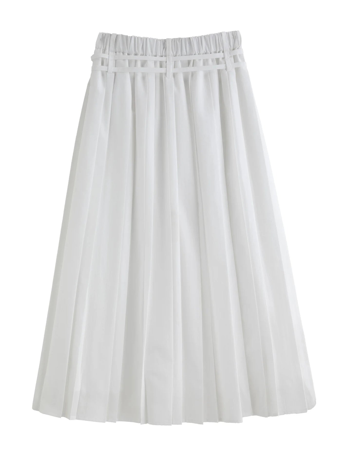 White Double Belt Pleated Midi Skirt