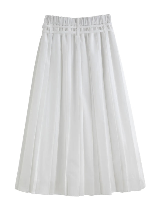 White Double Belt Pleated Midi Skirt