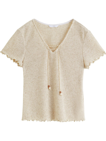 Oatmeal Lace Up Knit Top