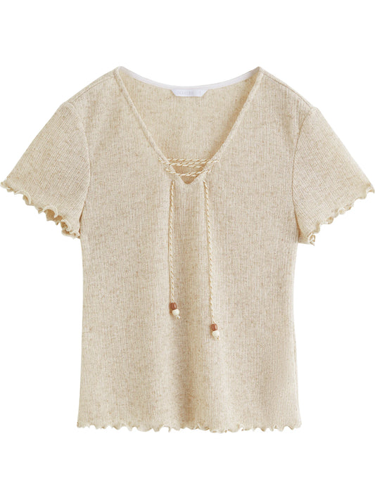 Oatmeal Lace Up Knit Top