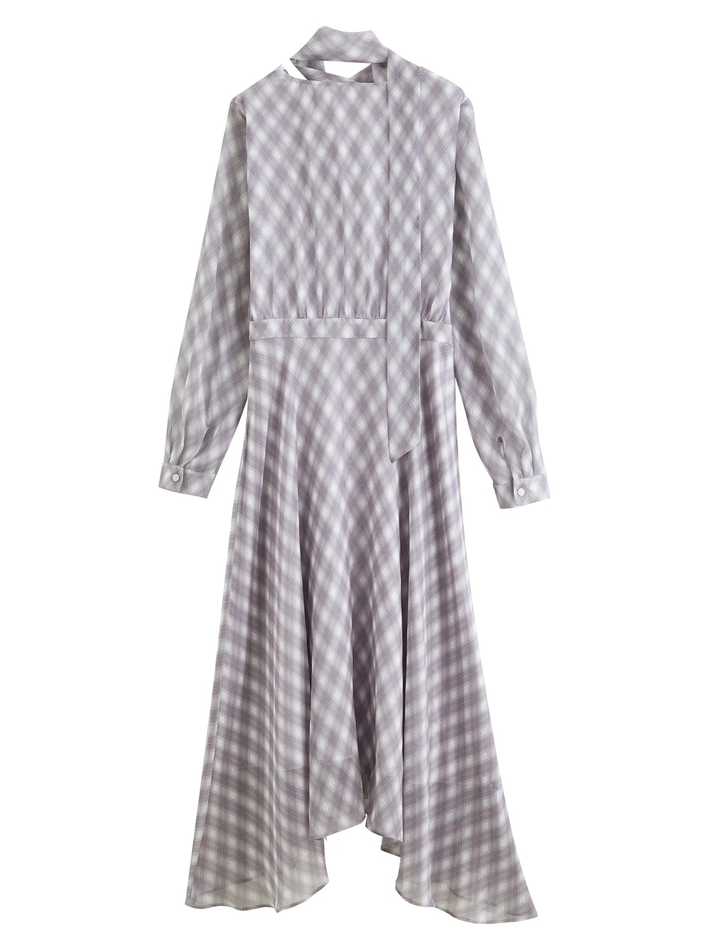 Plaid Ruffle Neck Midi Dress