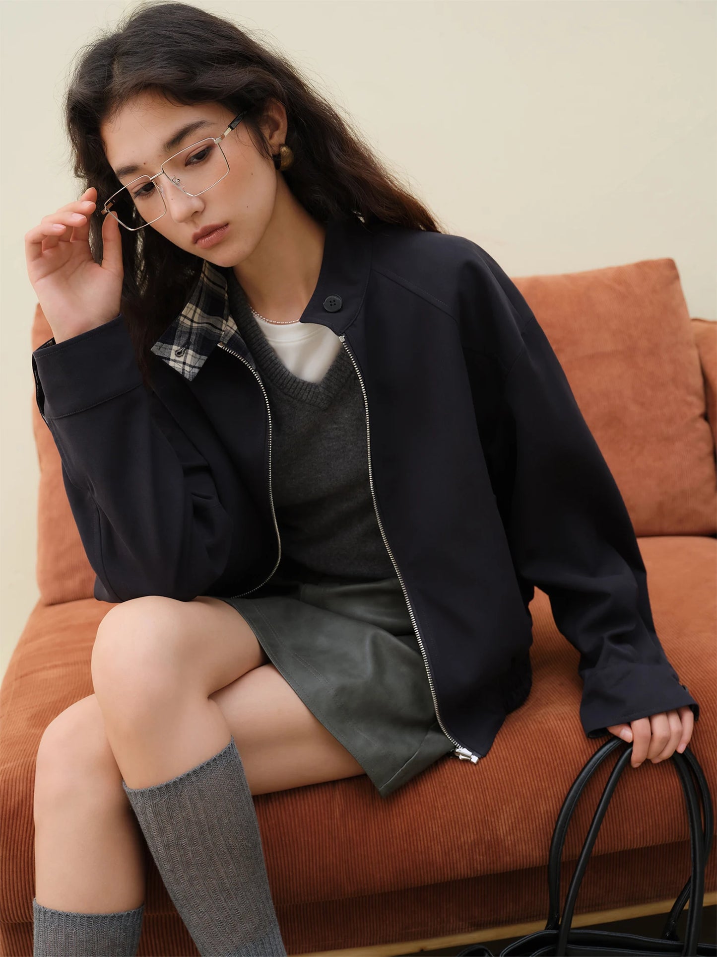 Navy Plaid Zip Short Jacket