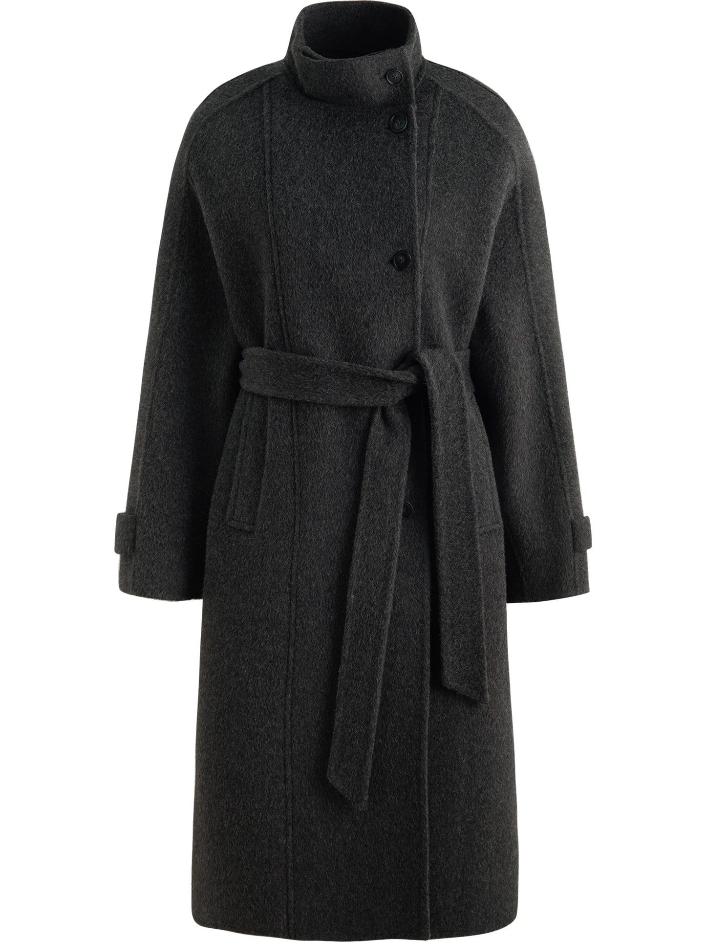Grey Stand Collar Wool Coat