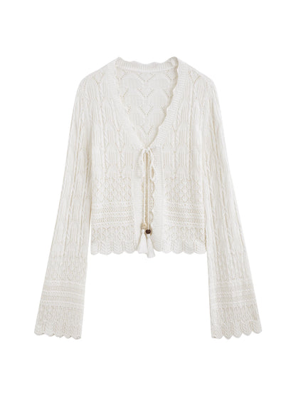 Ivory Pointelle Tie Front Cardigan