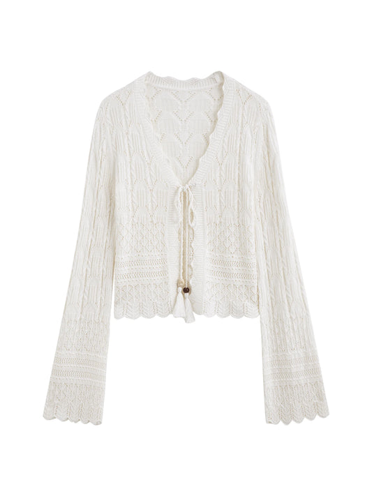 Ivory Pointelle Tie Front Cardigan