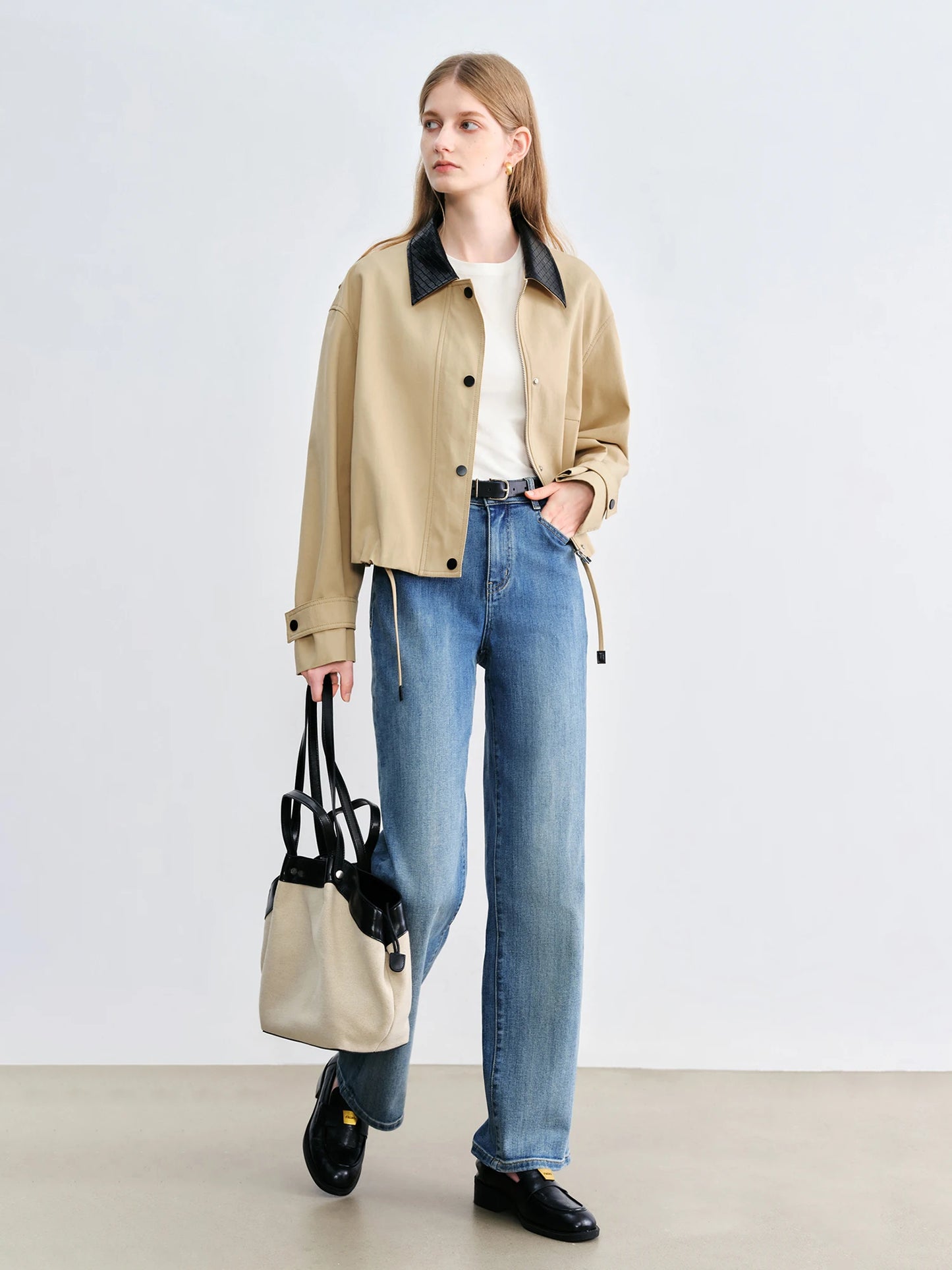 Camel Contrast Collar Short Jacket