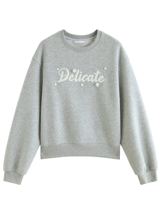 Gray Embroidered Crew Neck Sweatshirt