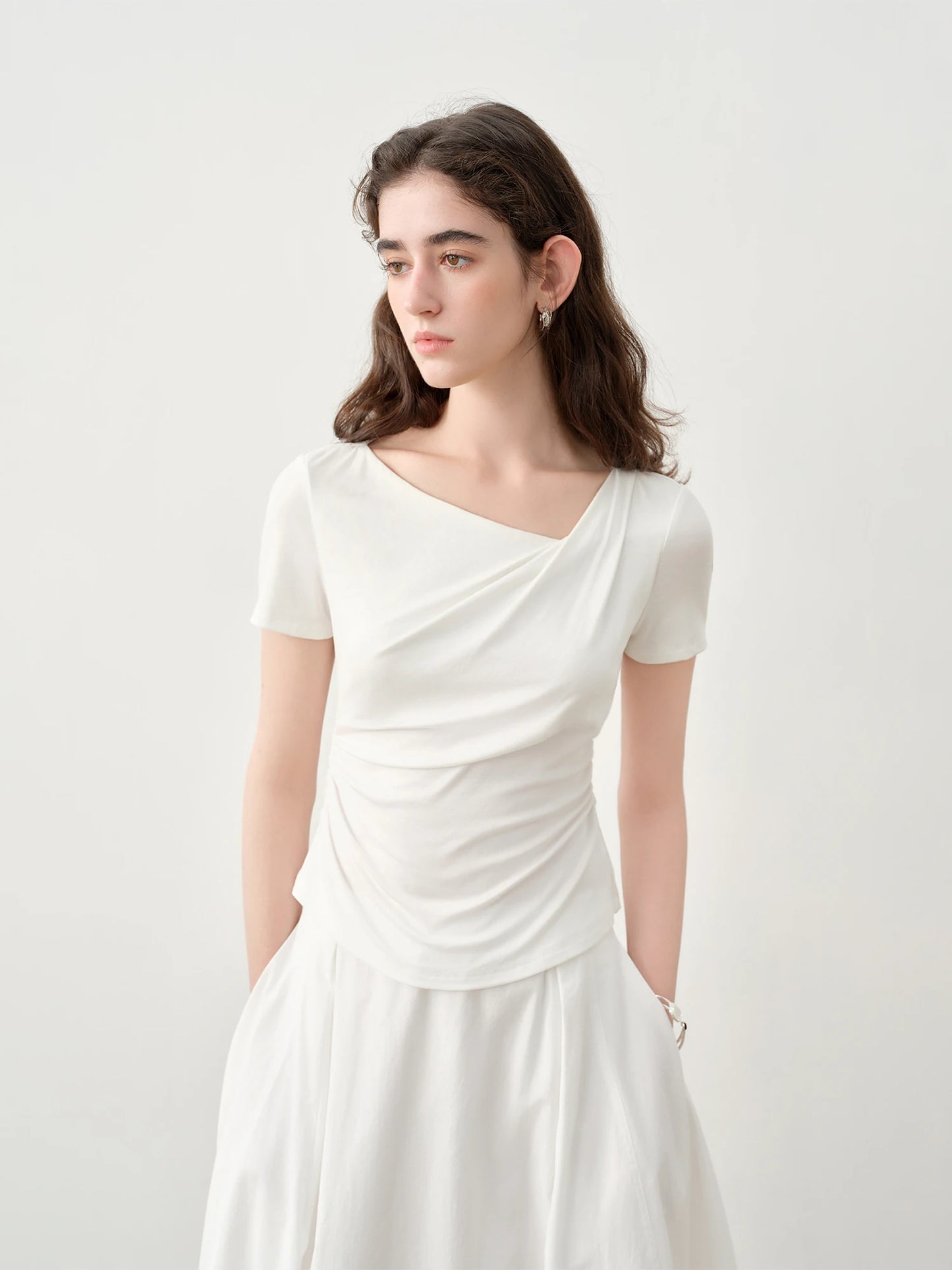 Gray Ruched Asymmetric Short Sleeve Top