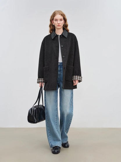 Black Leather Collar Wool Coat