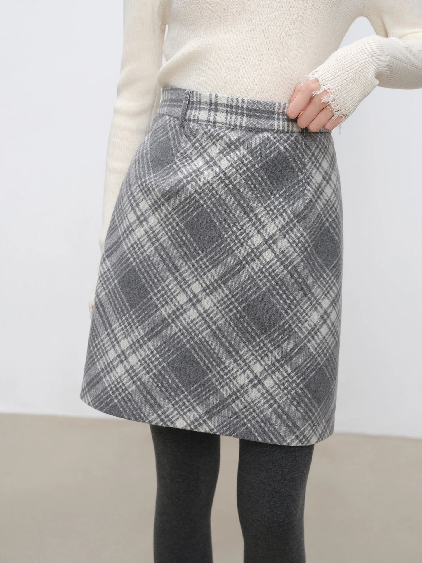 Grey Plaid Straight Midi Skirt