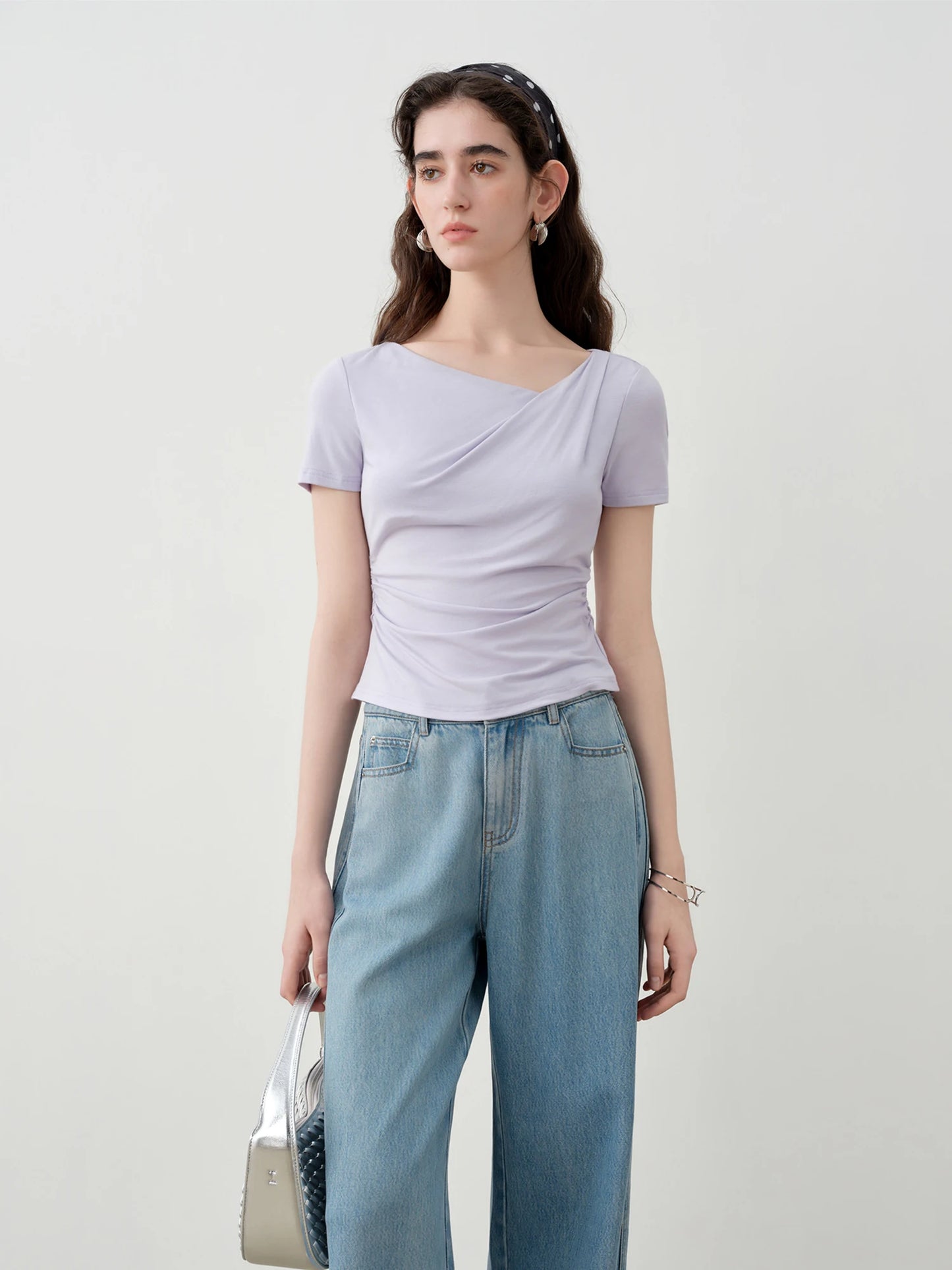 Gray Ruched Asymmetric Short Sleeve Top