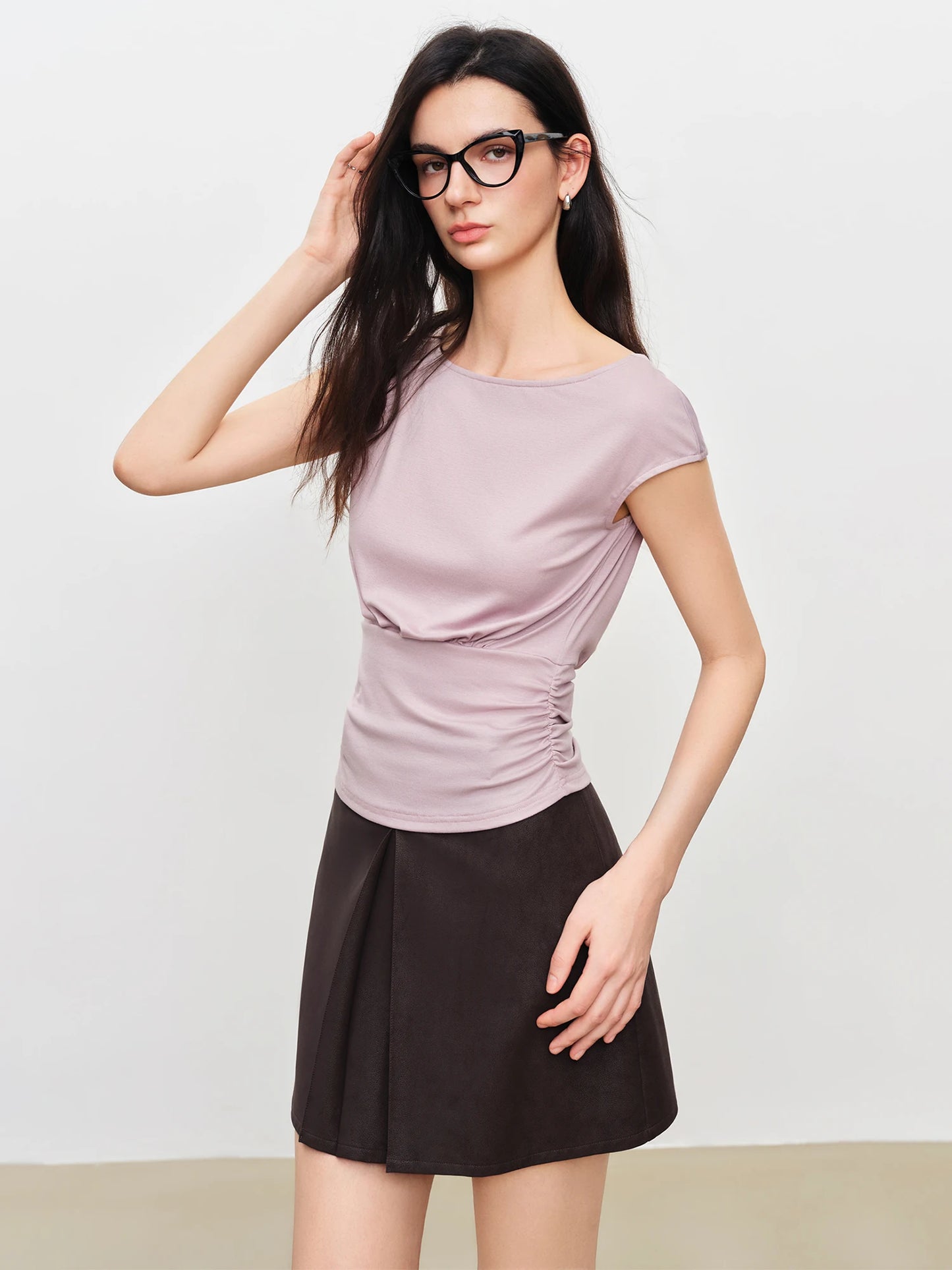 Gray Pleated Waist Boat Neck Top
