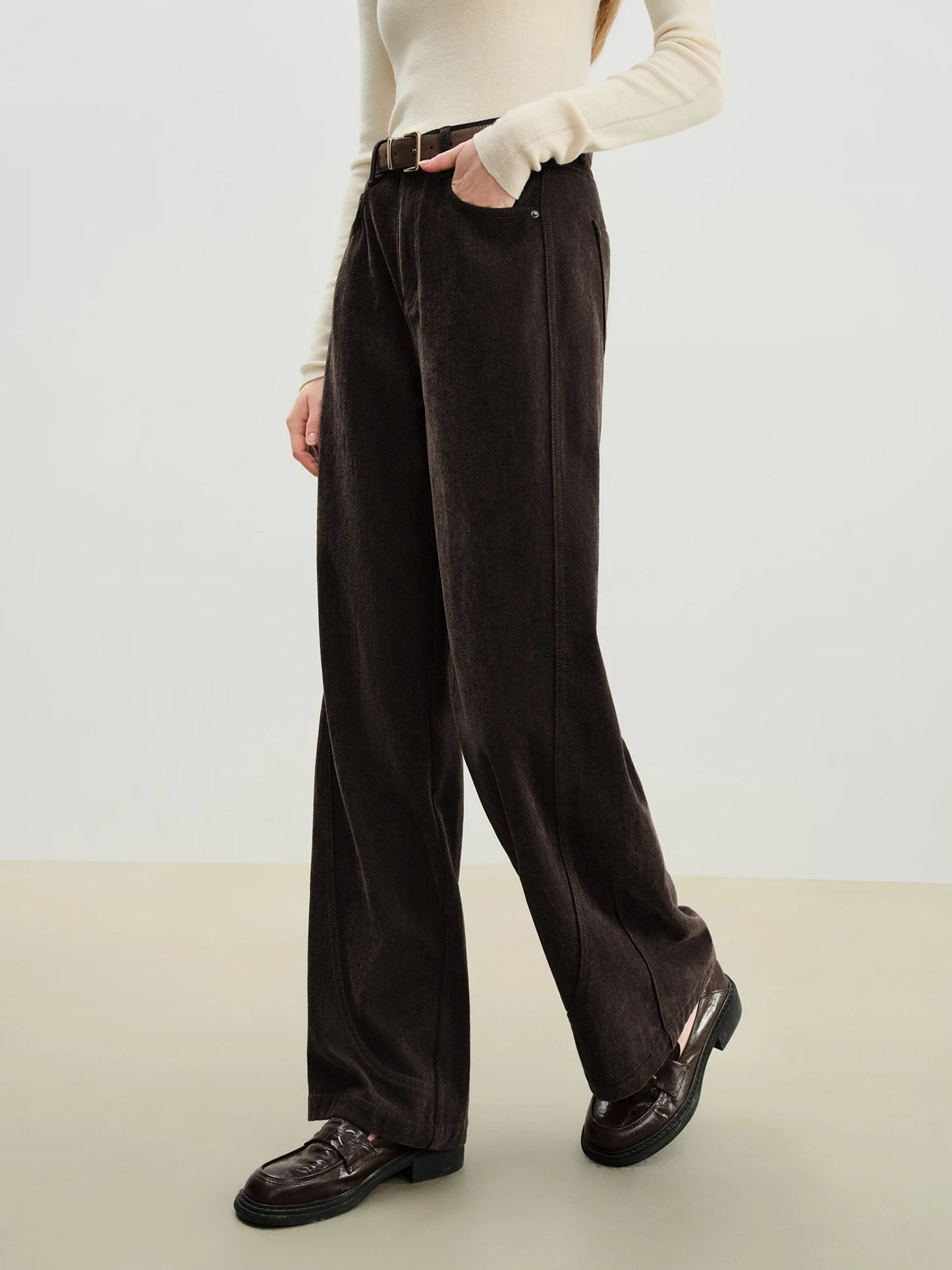 Dark Brown Curved Wide Leg Pants