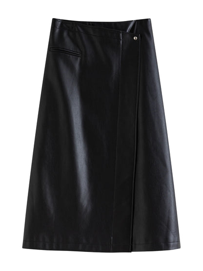 Black Faux Leather Wrap Skirt