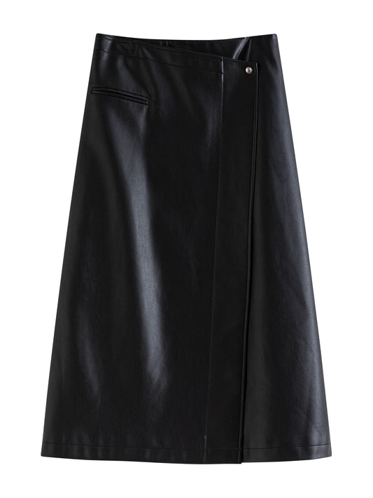 Black Faux Leather Wrap Skirt