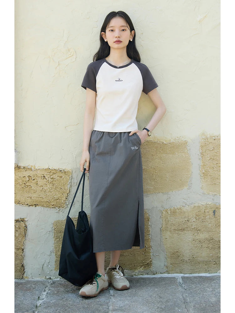 Blue Gray Side Slit Midi Skirt