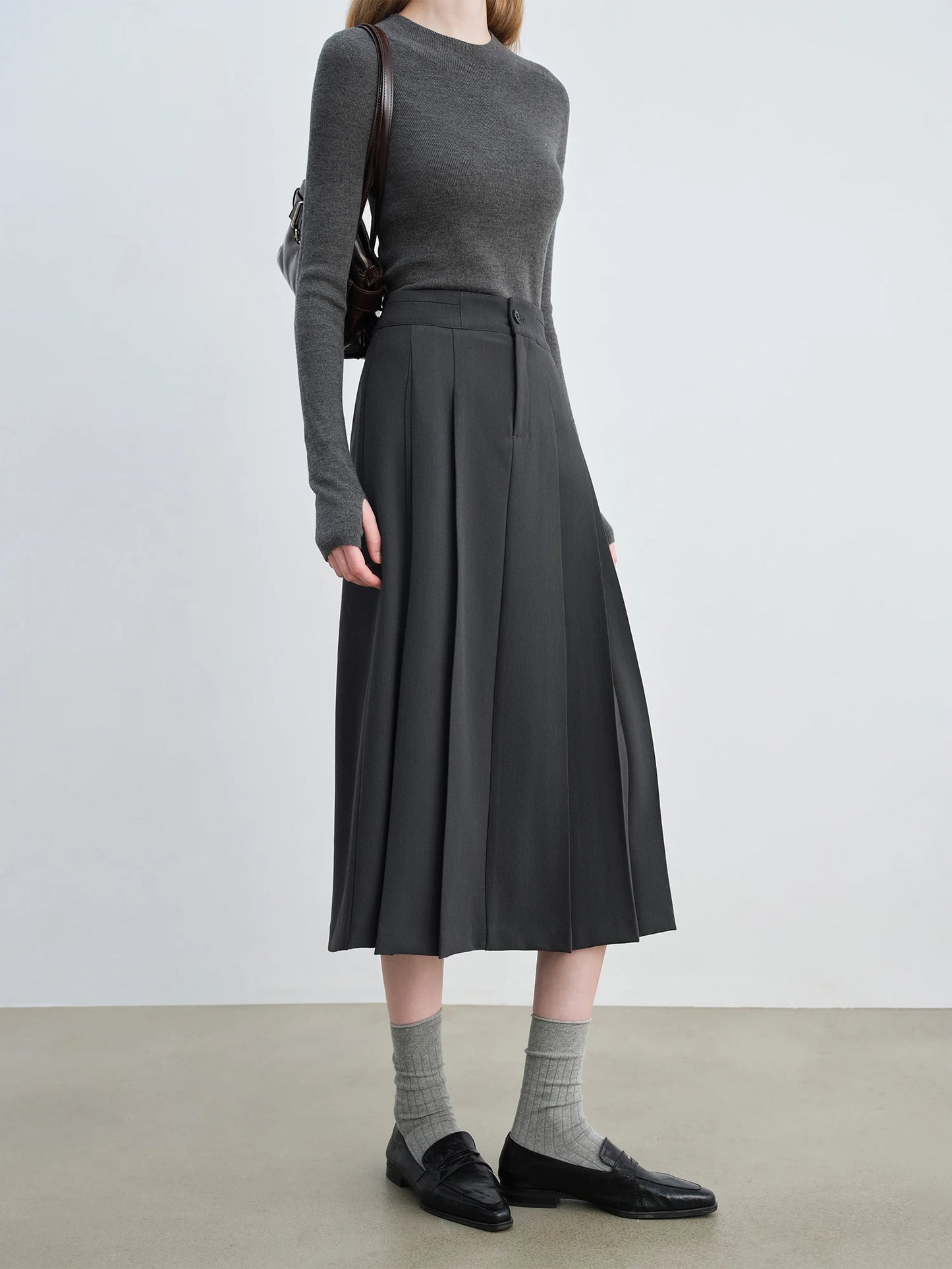Charcoal Pleated A-Line Midi Skirt