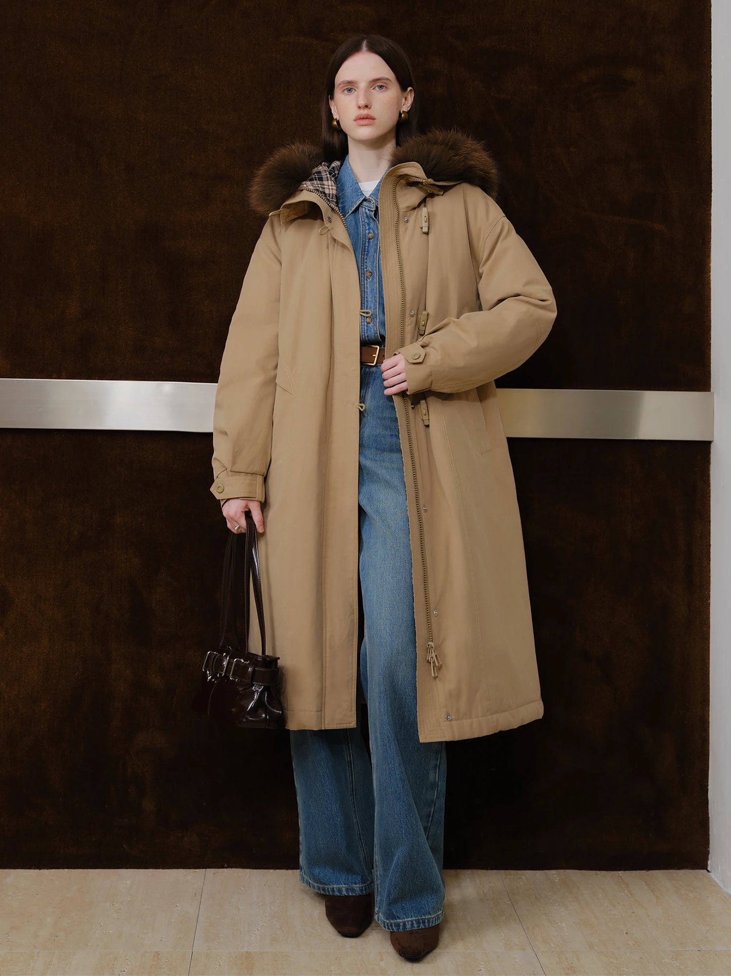 Khaki Fur Hood Parka Coat