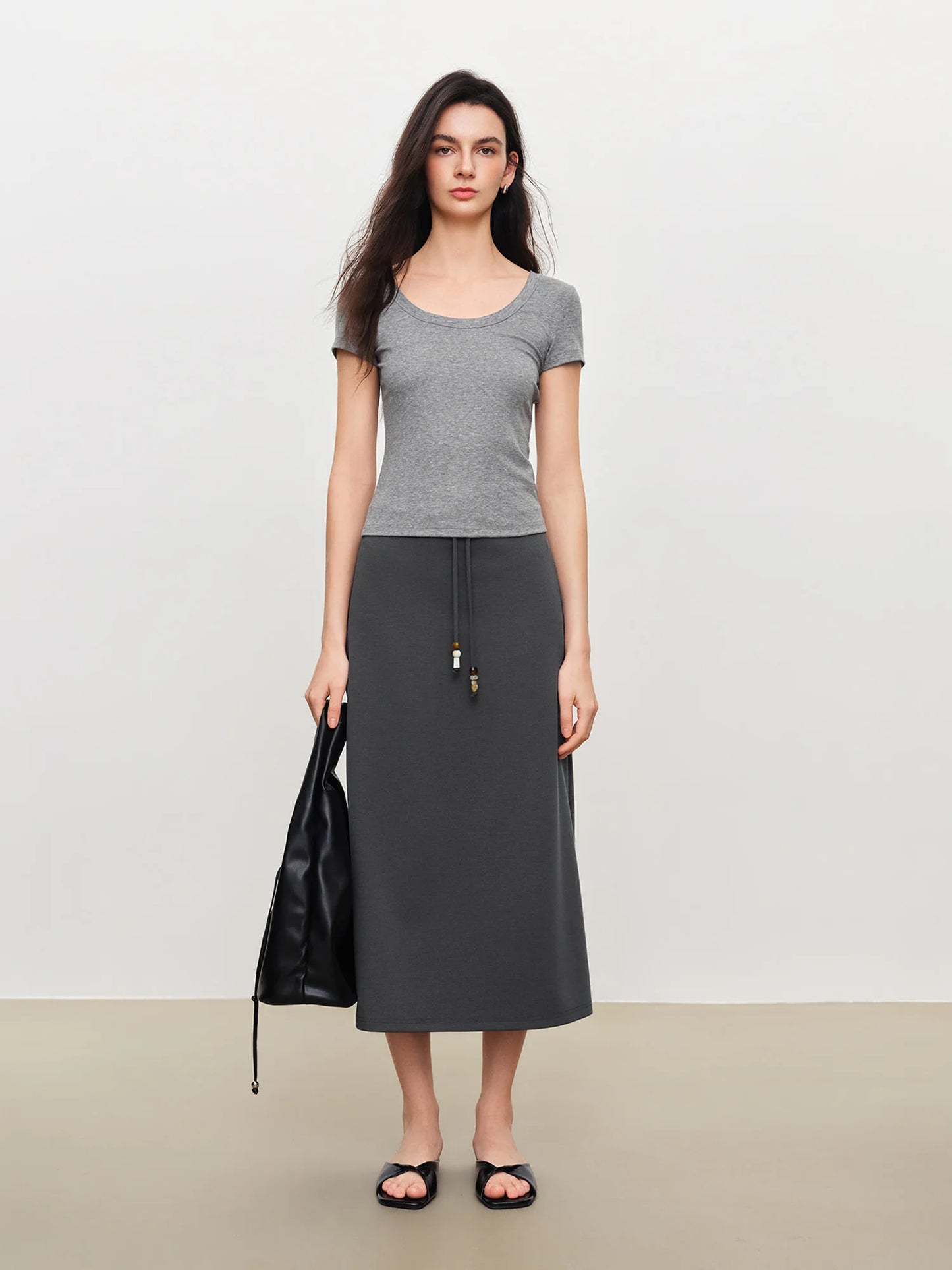 Grey Beaded Drawstring Midi Skirt