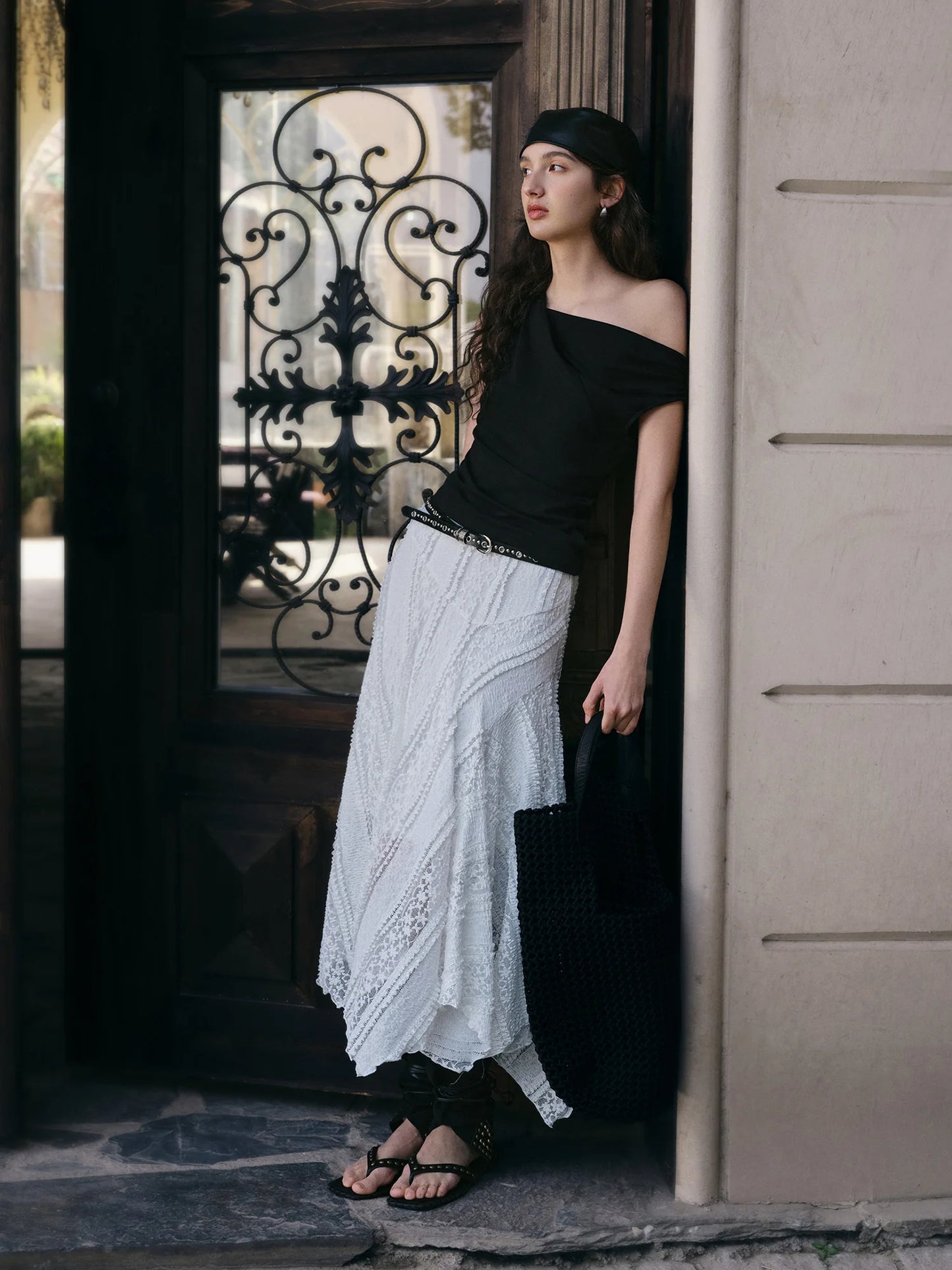 Lace Panel Asymmetric Midi Skirt