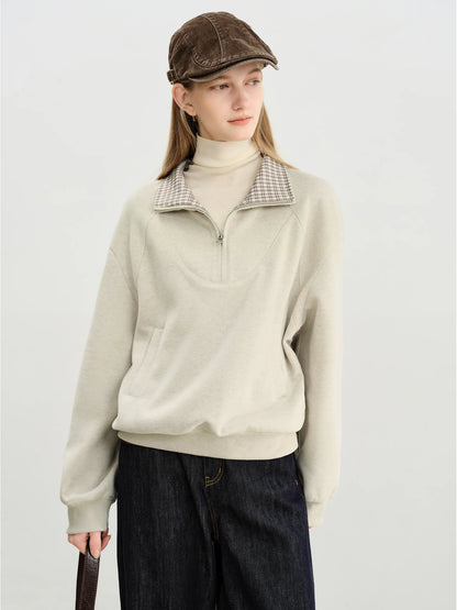 Ivory Plaid Collar Zip Sweatshirt