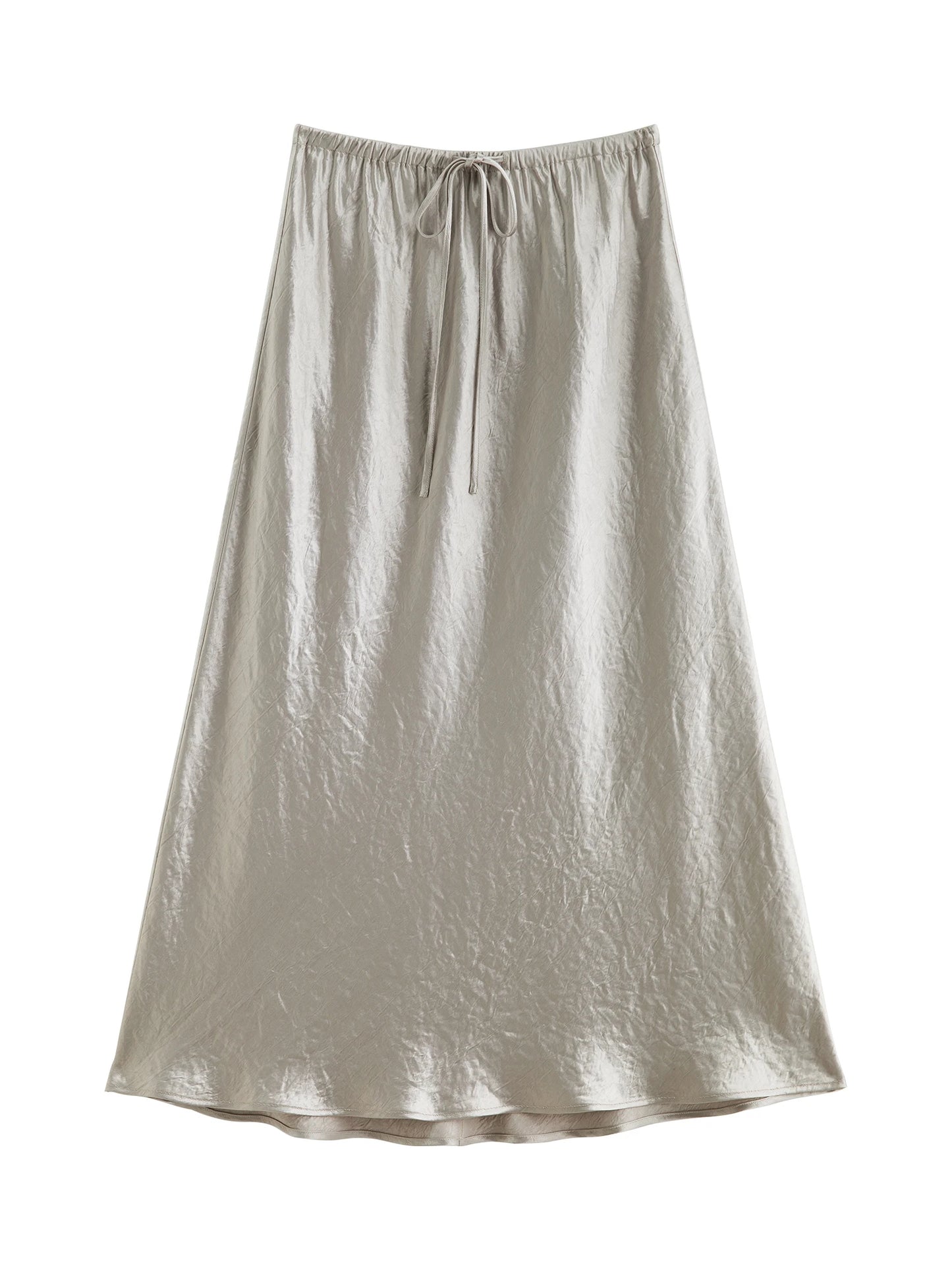 Silver Satin Drawstring Maxi Skirt