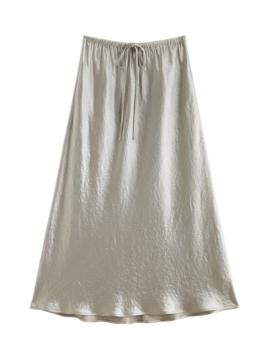 Silver Satin Drawstring Maxi Skirt